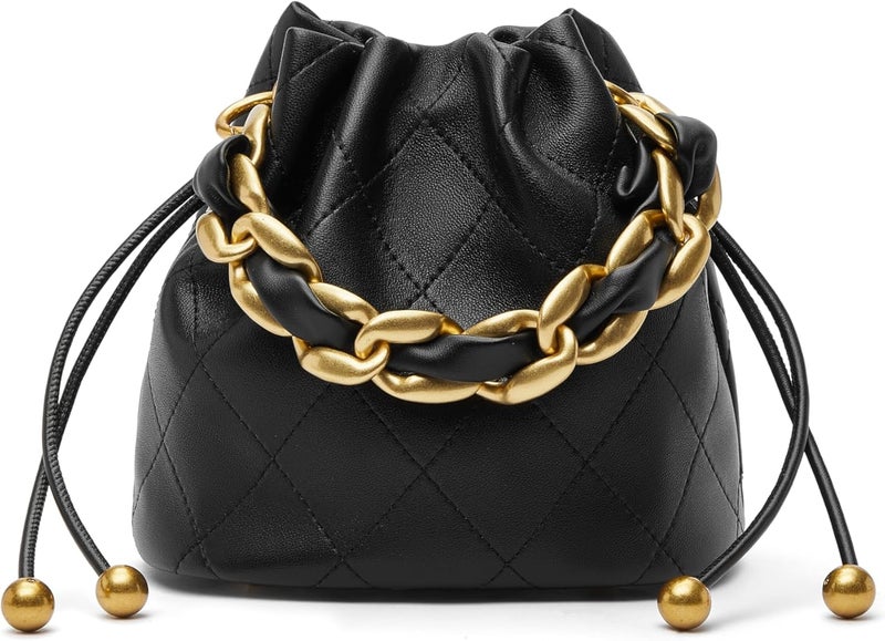 DORIS&JACKY Store Small Top Handle Bucket Bag, Designer Lambskin Drawstring Crossbody Purse with Chunky Chain Tote Strap - Image 1